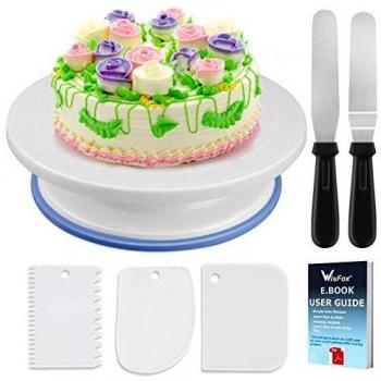 WisFox Soporte de Torta Giratorio de Placa de Pastel de Plato Giratorio de decoración de Pastel de Placa giratoria con 2 Juegos de Cuchillos, Juego de 3 Capas Suaves de glaseado