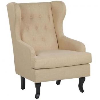 Sillón orejero de terciopelo beige con patas negras, capitoné y brazos empotrados, estilo moderno escandinavo alta