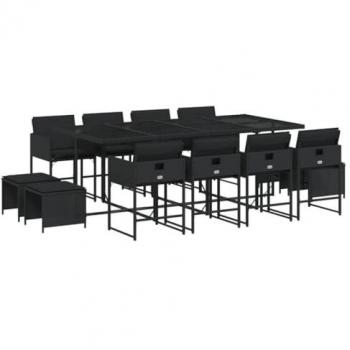 Set comedor de jardín con cojines 13 pzas ratán sintético negro