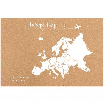Decowood - Mapa de Corcho Europa, Pequeño, para Marcar tus Viajes y Colgar en la Pared, Blanco - 60x45cm