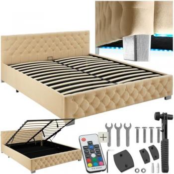 Cama Acolchada Beige 187x217 con Tiras LED y Espacio de Almacenamiento, Diseño Chesterfield, Mando a Distancia