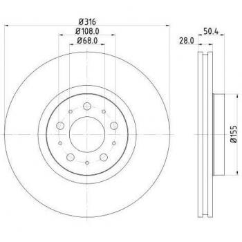 Disco de freno HELLA 8DD 355 128-191, alto carbono, recubierto, diámetro 316mm, grosor 28mm, ventilado exterior para VOLVO