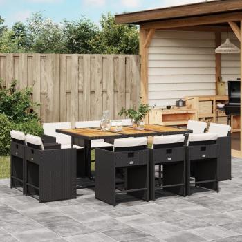 Set de comedor de jardín 11 piezas con cojines de ratán sintético negro