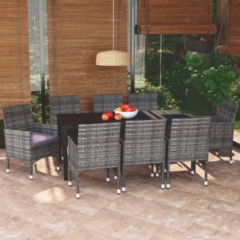 9-Piece Grey Poly Rattan Garden Dining Set with Cushions