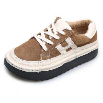 Zapatos De Mujer Cabeza Plana Encaje Superior Bajo Los Zapatos De Cuero De Gamuza,Caqui ,35