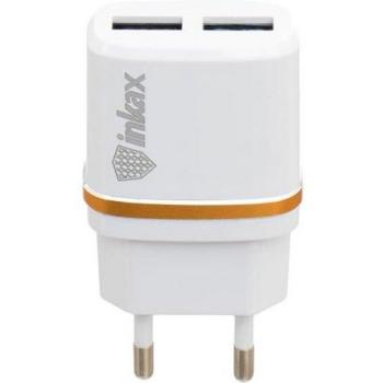 Cargador de Enchufe Inkax 2 Puertos USB 2.1A + 1A Carga Rápida Blanco