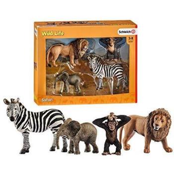 Schleich - Set 4 figuras de Iniciación Wild Life. León, Cebra, Cría de Elefante Africano, Cría de Chimpancé.