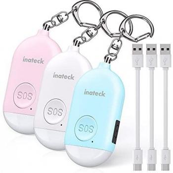Inateck Alarma Personal Recargable Recordatorio de batería Baja Llavero de Autodefensa con Iluminación LED para Mujeres, Hombres, niños y Personas Mayores, 130 db, Paquete de 3, PA1001