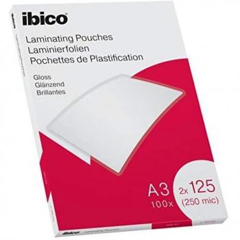 Ibico Láminas para Plastificar Tamaño A3, Acabado Brillante, 250 Micras, Pack de 100, Transparentes, 627321