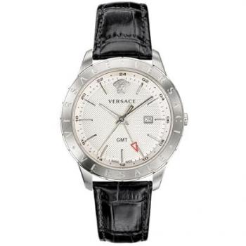 Versace GMT Black Leather Silver Stainless Steel Men's Watch - Gray - One Size