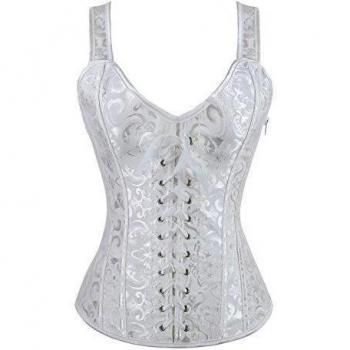 Charmian Women's Lace-up Renaissance Brocade Boned Busiter corsé with Straps White X-Large