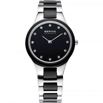 Reloj de Cerámica Bering para Mujer 27mm, Cuarzo, Resistente al Agua 5 ATM, Esfera Negra y Brazalete de Acero Inoxidable