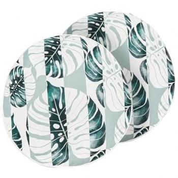 Set de 2 cojines de jardín redondos de poliéster verde con patrón de hojas y rayas ⌀ 40 cm, decoración moderna y resistente al agua