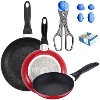 Pack de 3 sartenes San Ignacio Ø16CM Ø20CM Ø24CM + utensilio multiusos con 4 moldes intercambiables + 20 bandejas de conservación