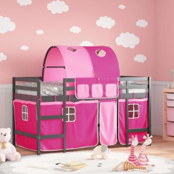 Cama alta infantil con túnel de madera de pino macizo rosa 80x200 cm