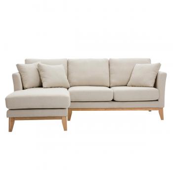 Sofá nórdico con chaise longue a la izquierda en tela beige desenfundable con madera clara 3-4 plazas OSLO