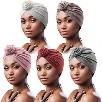 DRESHOW 5 Piezas Africano Turbante para Mujer Gorro de Nudo Pre Atado Suave Pañuelo de Cabeza Plisada de Moda Gorra de Dormi