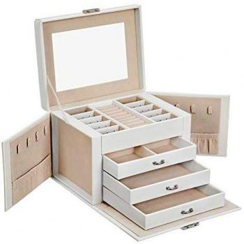 SONGMICS Caja joyero, Caja para Joyas, Organizador de Belleza de 4 Niveles, Caja organizadora con bandejas, Funda de Terciopelo, Blanco, Navidad, JBC159W01