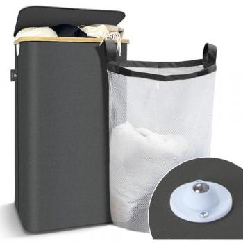 Cesto de Ropa Sucia Plegable 100L con Bolsa Interior y Tapa de Bambú, Color Gris