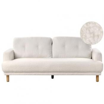 Sofá 3 Plazas Retro Tapizado en Bouclé Blanco con Patas de Madera