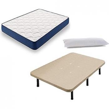 HOGAR24 ES Cama Completa - Colchón Viscoelástico Viscorelax + Base Tapizada 3D + 6 Patas de 32cm + Almohada de Fibra, 135x190 cm
