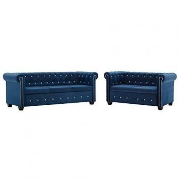 vidaXL Set 2 Sofás 3 y 2 Plazas Chester Terciopelo Azul Sillones Chesterfield