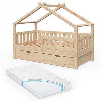 Cama en forma de casa Design, Madera Natural, 80x160 cm con 2 cajones y colchón Vitalispa
