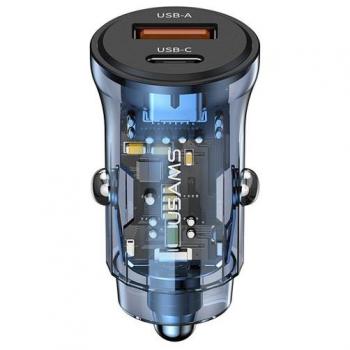 Cargador de coche USAMS USB-A + USB-C 30W Transparente Azul