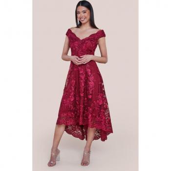 Embroidered Lace Midi Dress with Asymmetrical Hem in Wine - Goddiva  Sustainable Chiffon Flutter Sleeve Wrap Maxi Dress in Sage Green - Goddiva