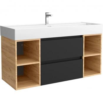 Mueble de baño Bequia 120 cm Negro con 2 cajones, 2 coquetas laterales en Roble y Lavabo de Porcelana