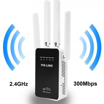 PIX-LINK Amplificadores Señal de WiFi 300Mbps, Repetidor WiFi Extensor Enrutador Inalámbrico Punto Acceso con 4 Antenas Externas en Largo Alcance