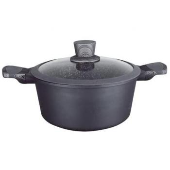 Cacerola Alta de Piedra Premium 24 cm con Asas de Silicona y Tapa de Cristal, Adecuada para Inducción y Fácil Limpieza