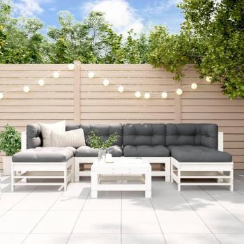 Juego de muebles de jardín 7 piezas con cojines de madera maciza blanca