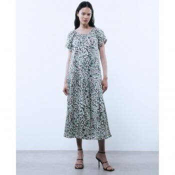 Sfera - Vestido circular estampado con diseño floral, corte fluido, manga corta, escote redondo y tejido ligero