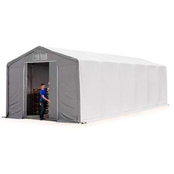 Carpa industrial Toolport 5x12 m con altura lateral de 3 m, PVC 850 N impermeable gris y puerta corrediza