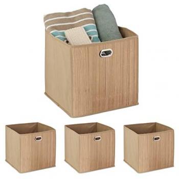 Cestos de Almacenaje en Bambú Plegables - Set de 4, Cesta Cuadrada para Baño, Dimensiones 31 x 31 x 31 cm, Natural