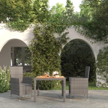 3-Piece Grey Poly Rattan Outdoor Dining Set with Cushions