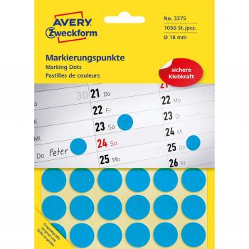 Etiquetas autoadhesivas Avery Zweckform 3375, puntos de marcado, diámetro 18 mm, 1056 unidades, color azul