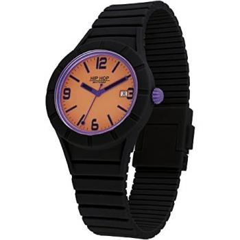 Reloj de Hombre Hip Hop HWU1082 con Movimiento de Cuarzo, Correa de Silicona y Cierre de Seguridad, Color Negro y Naranja