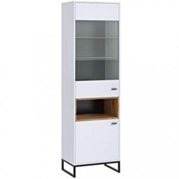 Vitrina Providence 142, Blanco y Roble Artisan, Con 2 Puertas, 202x60x40cm, con Iluminación LED