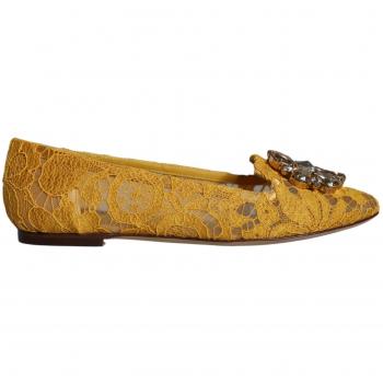 Crystal Embellished Mustard Lace Ballet Flats - Size 5 US
