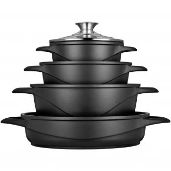 Briebe MGK-17 Batería de Cocina Inducción 8 Piezas Aluminio Fundido 4 Ollas con Tapa de Cristal Antiadherente, Negro