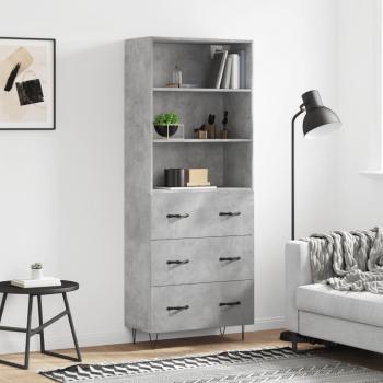Aparador alto de madera contrachapada gris hormigón 69,5x34x180 cm con 3 cajones, mueble de almacenaje para salón, buffet y armario auxiliar
