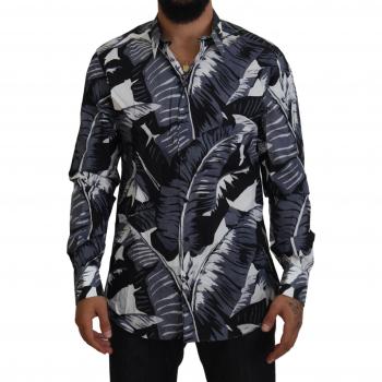 Dolce & Gabbana Gray Blue Banana Leaf Slim Fit Casual Shirt - IT45 | 4XL, Multicolor Banana Leaf Print, Male, Size: 4XL