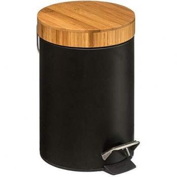 Papelera de Baño 3 Litros con Pedal, Fabricada en Metal y con Tapa de Bambú Negro
