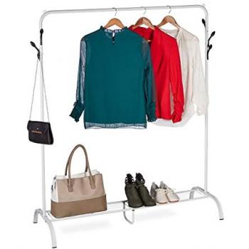 Perchero Metálico con Estante y 6 Ganchos, Barra para Ropa de Pie, Dimensiones: 145 x 132 x 44 cm, Color Blanco - Relaxdays