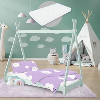 Cama Infantil Tipi de Madera Maciza de Pino Verde Menta 80x160 cm con Colchón y Somier para Niños de 3 a 9 Años