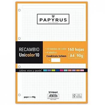 UNIPAPEL 53392499. Recambio 160 Hojas A4, 10 Bandas Color, Cuadrícula 5x5, 90g, Papyrus - Unicolor 10