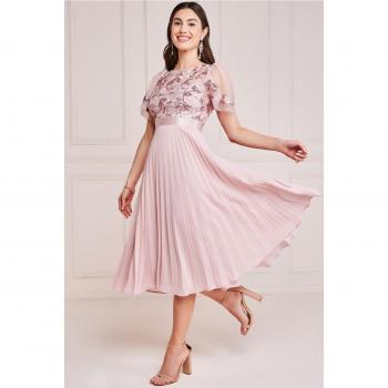 Goddiva Embroidered Top Chiffon Pleated Midi Dress - Blush