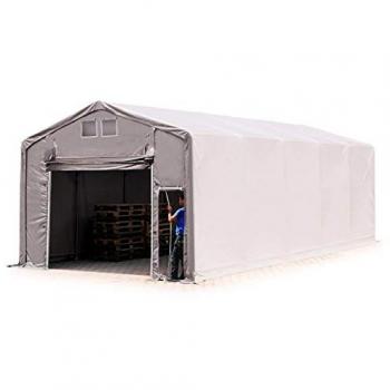 Carpa almacén Toolport 5x10 m industrial con altura lateral de 3 m, lona ignífuga PVC PRIMEtex 2300 N, impermeable, color gris, con puerta levadiza